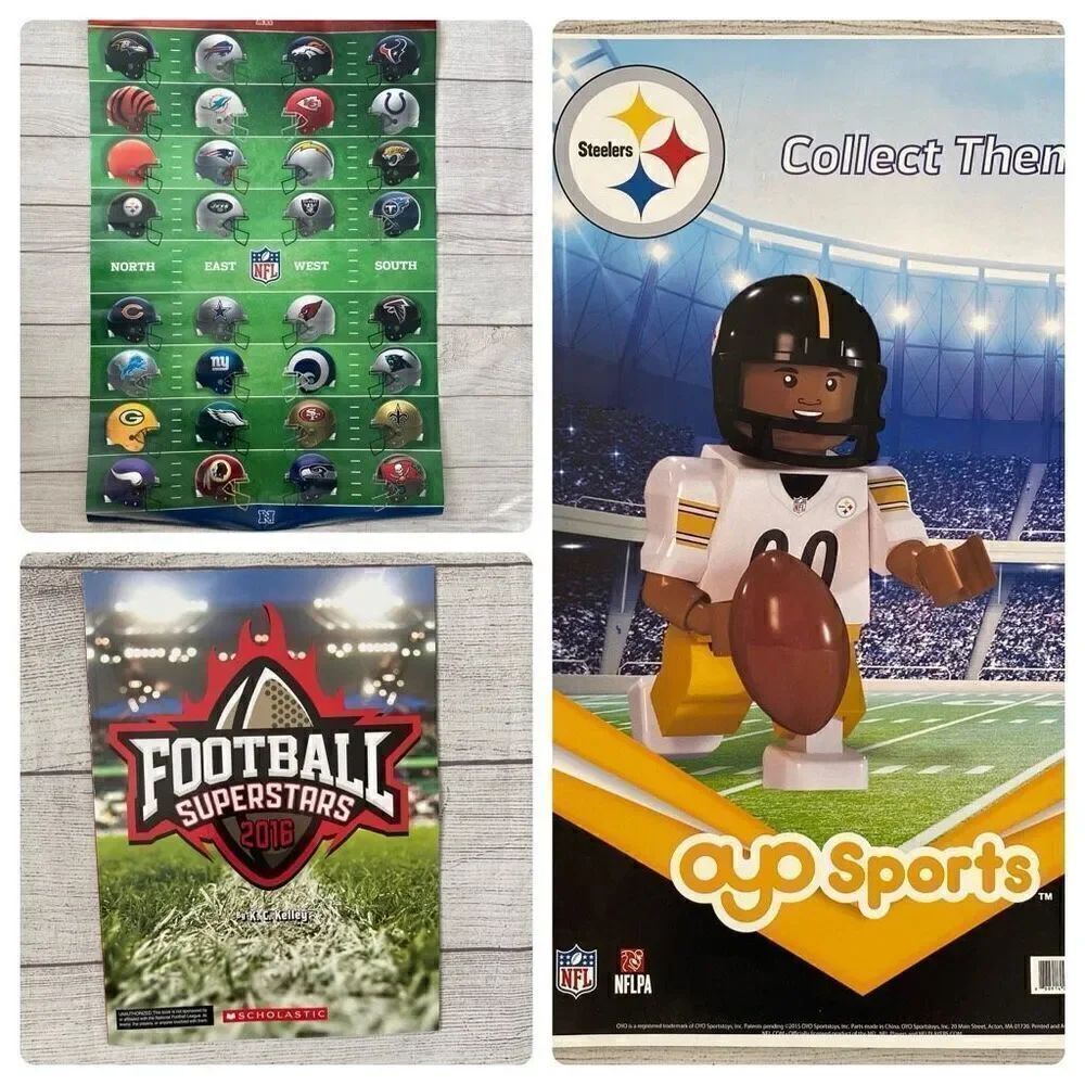 NFL football helmet poster, AYO Steelers poster and football superstars 2016 boo